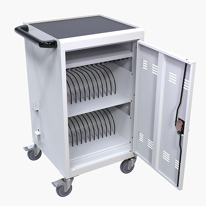 32 Device Charging Cart, Laptop and Tablet Storage Cart, Holds Up to 16.3" with Cord Management, Front and Rear Access Locking, Desktop Charging and Storage Cabinet for Classroom or Office.White