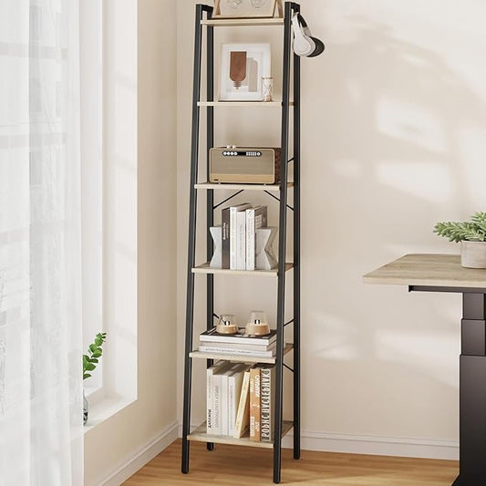 Hzuaneri Ladder Shelf, Bookshelf Bookcase, Freestanding Corner Storage Shelve with 2 Hooks for Home Office, Living Room, Kitchen, Bedroom, Industrial, 11.8" D x 13.4" W x 72.8" H, Greige BC13305B