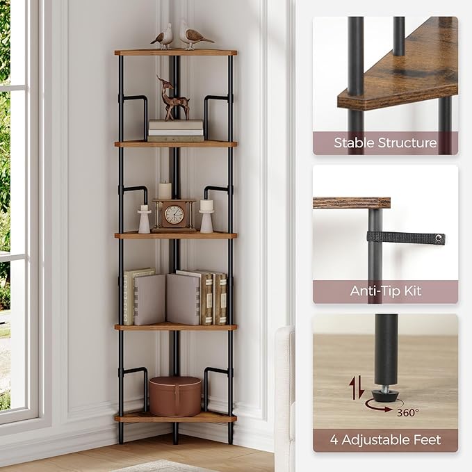 MAHANCRIS 52.8" Corner Shelf, 5-Tier Industrial Corner Bookshelf with Metal Frame, Small Plant Stand, Display Shelf for Living Room, Bedroom, Home Office, Small Spaces, Rustic Brown CSHR5501