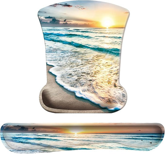 Keyboard Wrist Rest Pad Mouse Pad with Wrist Support Set of 3, Gaming Mousepad with Non-Slip Rubber Base, Ergonomic Memory Foam Mouse Cushion Support for Home Office Laptop Computer, Beach