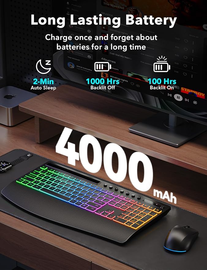 Wireless Keyboard and Mouse Combo - 4000mAh Rechargeable Backlit Keyboard with Wrist Rest & Phone Holder, Full Size Quiet Typing 2.4G USB-A/Type-C for PC, Laptop, Windows, Mac, Trueque KM22 Ultra