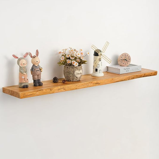 48" Rustic Elm Floating Shelves - Solid Wood Live Edge with Invisible Brackets, Wall Mounted Shelf for Living Room, Kitchen & Bathroom Decor, Natural