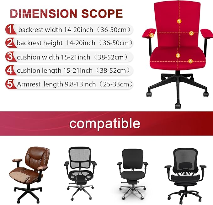 Tallew 4 Pcs Office Chair Covers Set Computer Universal Protective Stretchable Chair Seat Covers Desk Armrest Cover Pads Office Cushion Backrest for Rotating(Regular,Red)