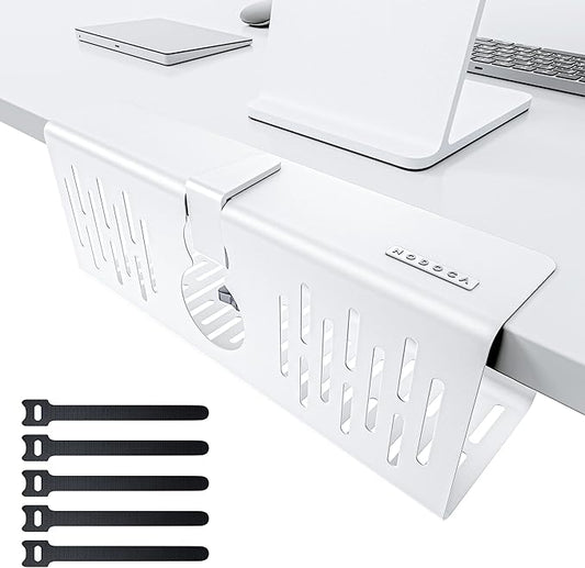 NODOCA No Drill Under Desk Cable Management Tray, 14'' Wire Management, Punch-Free Clamp on, Metal Cable Tray, Wire Organizer, Under Desk Basket for Office and Home, White
