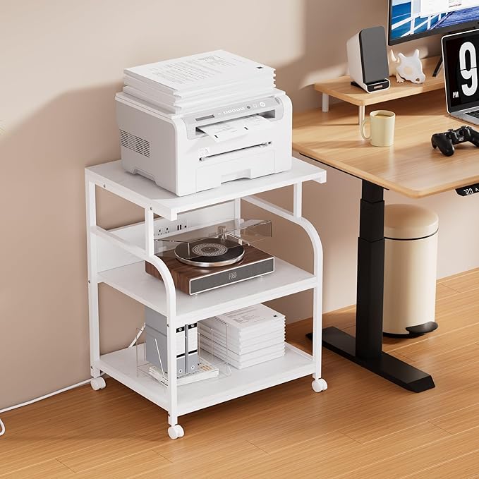 VECELO Adjustable Large Printer Stand with Power Outlet, 3-Tier Heavy Duty Cart on Lockable Wheels, Office Storage Table for Home Office, 3D Printer, Fax Machine, Scanner, Classic White