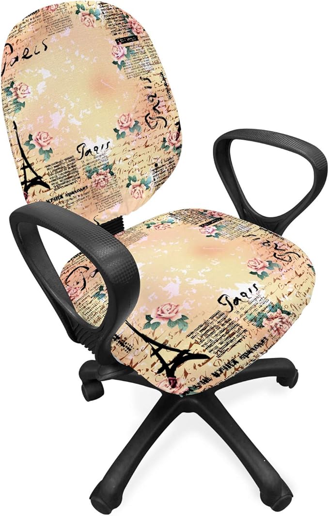 Ambesonne Modern Office Chair Slipcover, French Paris Themed Lettering with Floral Leaves Details Artwork, Protective Stretch Decorative Fabric Cover, Standard Size, Pink Black