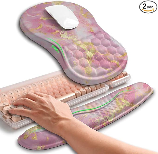 Hokafenle 2in1 Combination, Wave Keyboard Wrist Rest and Ergonomic Curvature Mouse Pad Wrist Support for Relieve Wrist Pain, Filled with Soft Cushion Memory Foam, Golden Pink Marble