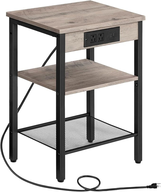 HOOBRO Side Table with Charging Station and USB Port, Small End Table for Small Space, 3-Tier Nightstand with Adjustable Shelf, for Living Room, Bedroom, Greige and Black BG112BZ01