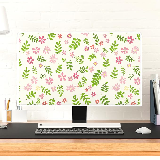 Aesthetic Floral Monitor Dust Covers 26, 27, 28 Inch Decorative Cottagecore Botanical Monitor Accessories Laptop TV LCD Screen Monitor Decoration for Tablet，Green and Pink Flowers