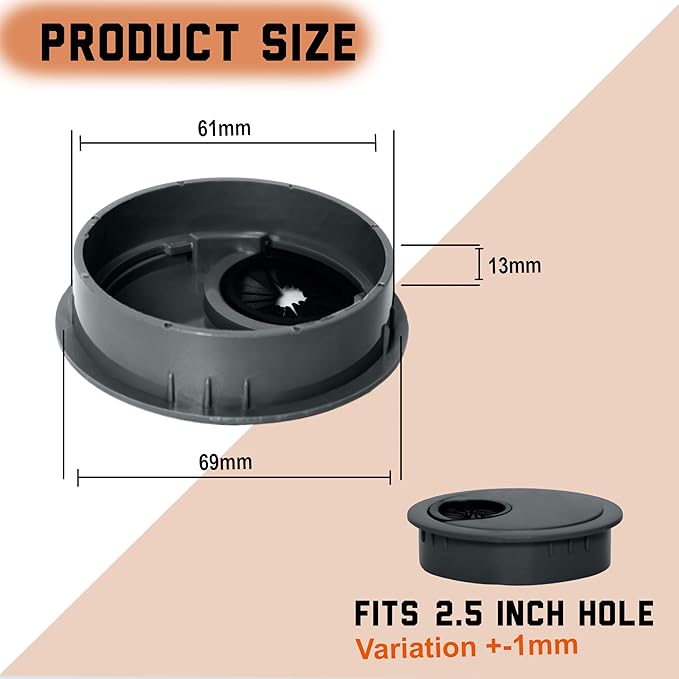 Signite 5 Pcs Plastic Desk Cable Grommet 2-1/2" – Durable Desk Hole Cover for Wire Management, Desks Cord Grommet for Workstations, Tables, Countertops 60mm Hole Cover for Home/Office Use -(Dark Grey)