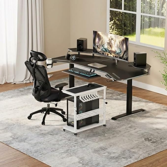 2-Tier Rolling Computer Tower Stand with Cable Management Rack, Height Adjustable CPU Holder Cart with Hooks for Gaming Home Office, PC Stand Fits Under Desk, White