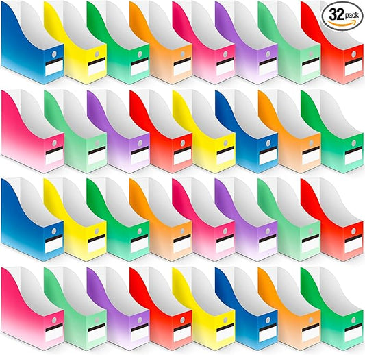 Jutom 32 Pcs Magazine File Holder Set Including Colored Foldable Desk File Holder Organizer White Label Stickers Cat Pen Cardboard Magazine Storage Box for Document School Office (Gradient,Classic)