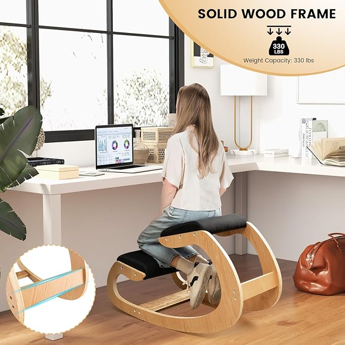 Giantex Ergonomic Kneeling Chair, Posture Chair for Desk with Cushion, Solid Wood Frame, Max Load 330 Lbs, Comfortable Ergo Rocking Kneel Chair for Office Home Study (Black)