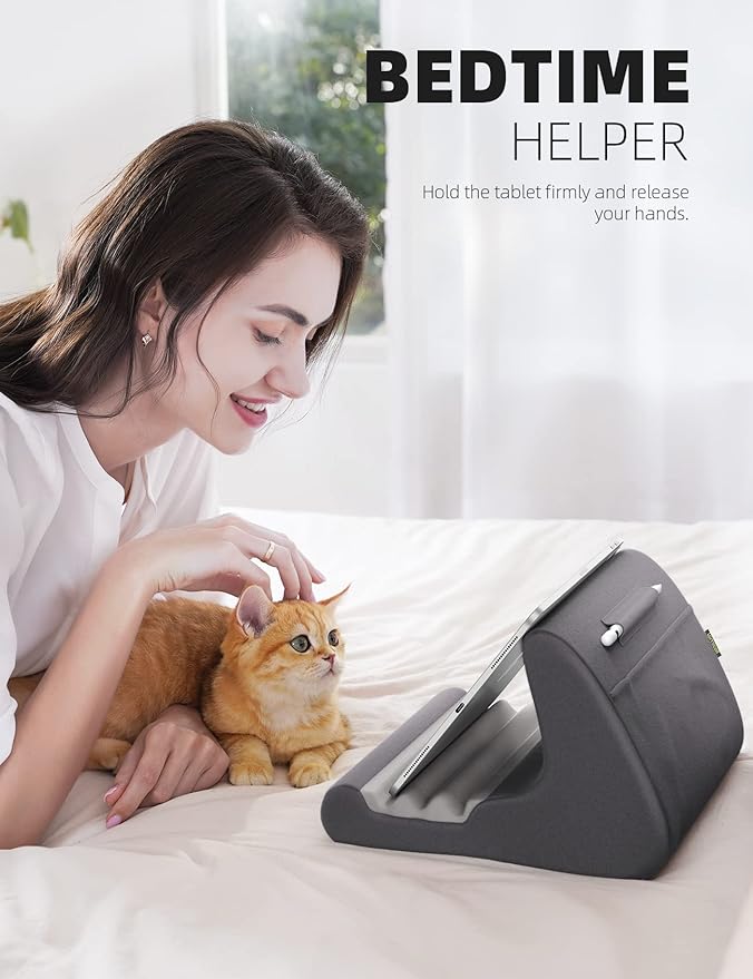 Lamicall Tablet Stand Pillow Holder - Tablet Pillow Soft Pad for Bed, Lap Phone Stand with Stylus Mount & Pocket, for iPad Pro 12.9, Air, Mini, Kindle, Galaxy Tab and 4-13" Devices, Grey, Mother's Day