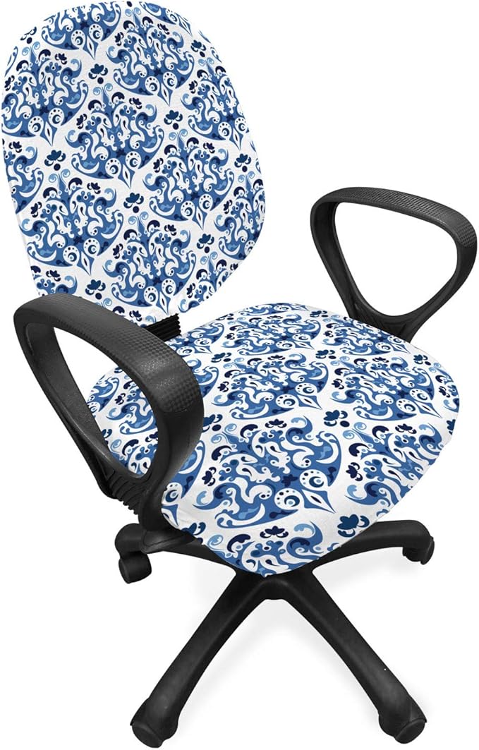 Ambesonne Indigo Office Chair Slipcover, Victorian Style Floral Design Vintage Print, Protective Stretch Decorative Fabric Cover, Standard Size, Azure Blue