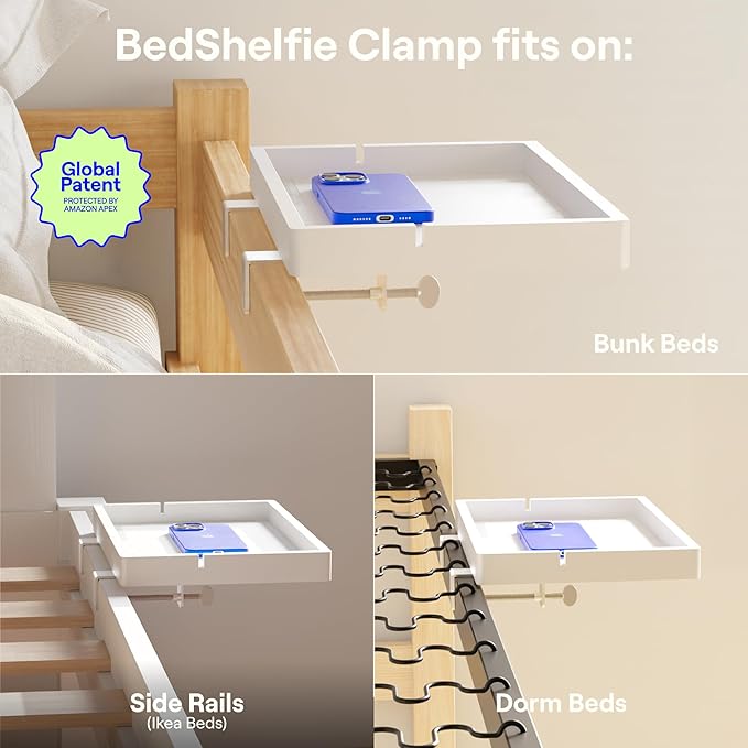 BedShelfie Wood Bedside Shelf for Bunk Bed & Top Bunk, College Dorm Room Essentials, Loft Nightstand, Floating Bed Side Table Tray Storage, Dorm Room Decor By Smallish - (Flexfit Bamboo Model, White)