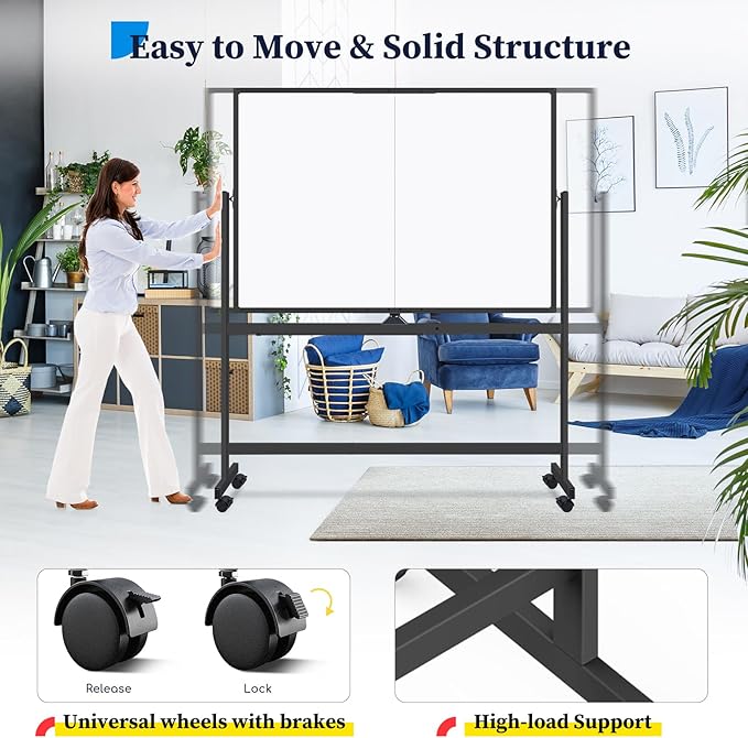 maxtek Rolling Whiteboard, 48x36 Large Magnetic White Board with Stands, Big Double-Sided White Board Dry Erase on Wheels for Homeschool, Home Office, Office, School (Black, 48 x 36)