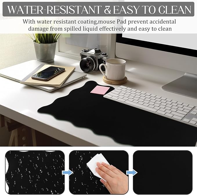 Hahafelt Scalloped Desk Mat Large Scalloped Piping Cute Desk Mat Aesthetic Preppy Table Pad Large Nonslip Pad with Edge Stitching Waterproof Gaming(Black,23.6 x 13.8 Inches)