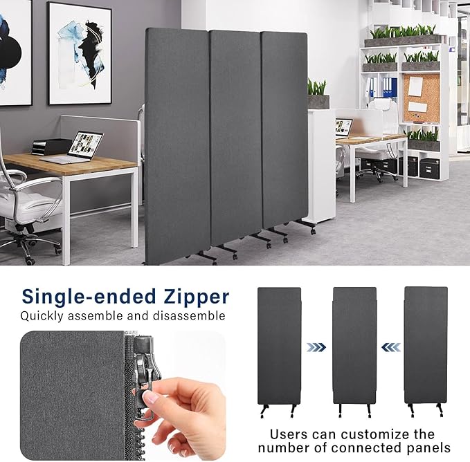 72" X 66" Partition Room dividers, 3 Panel Sound Proof Dividers for Office Partitions, Room Divider Privacy Panel with Wheels, Portable Temporary Wall for Office, Studio, School, Hospital(Dark Grey)
