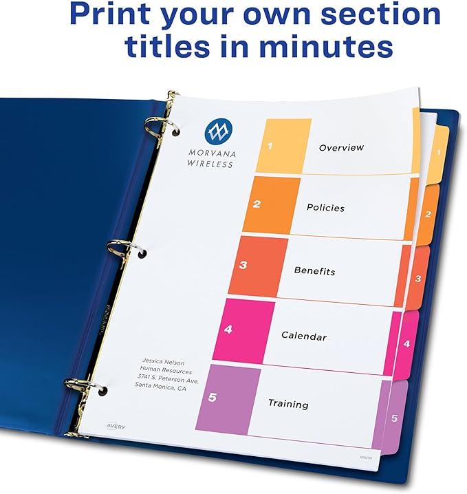 Avery Dividers for 3 Ring Binders, 5 Tabs per Set, Customizable Table of Contents, Multicolor Tabs, Great for Organizing High-Volume Reports, Projects, and More (24 Sets of 11167)
