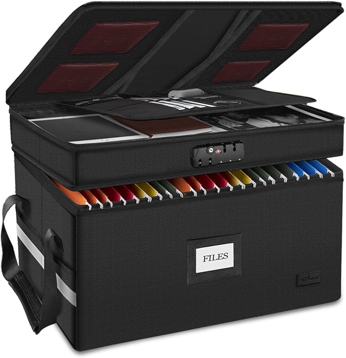 ETRONIK Large Fireproof Document Box with Lock, 2 Layer File Organizer, Portable Office Collapsible File Storage with Reflective Strip for Hanging Letters, Legal Size Folder, Certificate