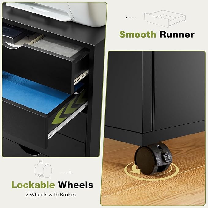 7 Drawer File Cabinet, Under Desk Storage Organization with Wheels, Mobile Filing Chest for Small Desk Printer Stand for Home Office, Black