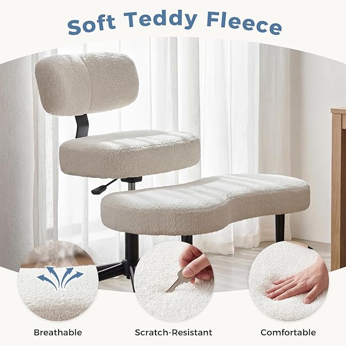 DUMOS Ergonomic ADHD Cross Legged Office Desk Chair with Adjustable Backrest, Height Adjustable Meditation Chair with 360° Swivel Footstool, Teddy Fabric Yoga Stool for Home Office, Bright White
