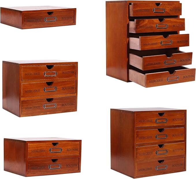 15-Drawer Wooden Desk Organizer Storage Box with Label Holders Vintage Wood Desktop Organizer, Desk Drawer Unit Collectors Box for Living Rooms, Bedrooms, Offices (Brown, 5PCS 15 Drawers)