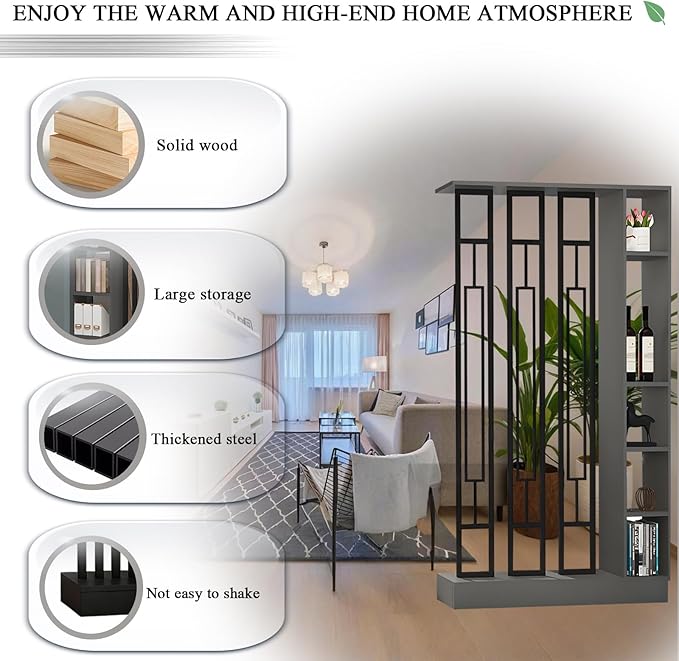 Wall Room Divider - Freestanding Wood Room Divider with Shelves, Wall Divider with Storage Cabinet, Easy Assembly Freestanding Decor for Bedroom, Office