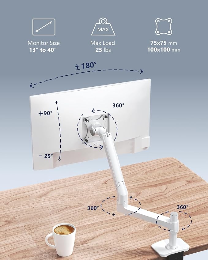 Ergounion Heavy Duty Single Monitor Arm, Mechanical Spring Desk Mount for 13-40 Inch Ultrawide Screens, Holds up to 25lbs, High-Grade Aluminum VESA Mount with C-Clamp & Grommet Base, No-Droop, White