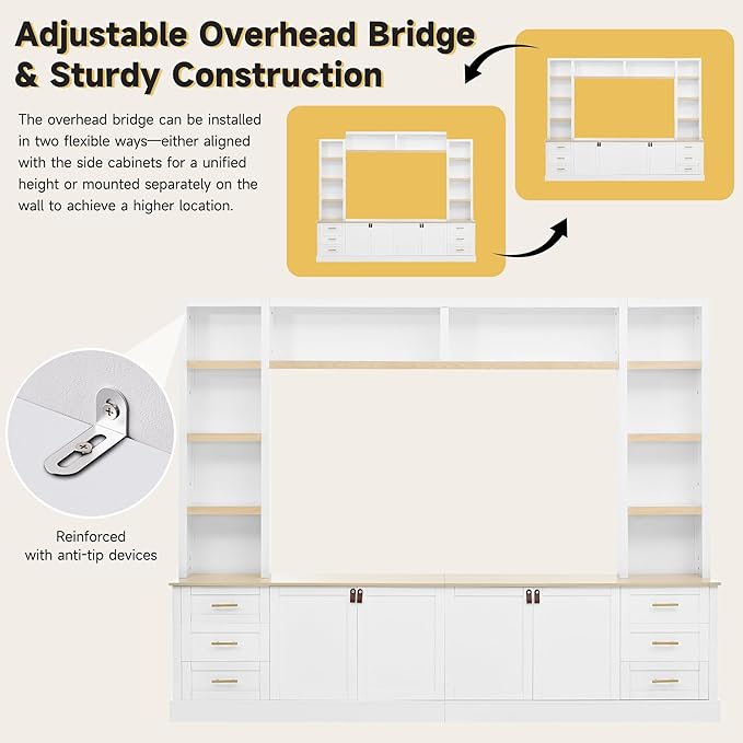 102.3"W Farmhouse 4-Piece Entertainment Center Wall Unit with Adjustable Shelves, Modern Large TV Stand with Bookshelves for TVs Up to 75", Rustic Media Console with 6 Drawers for Living Room, White