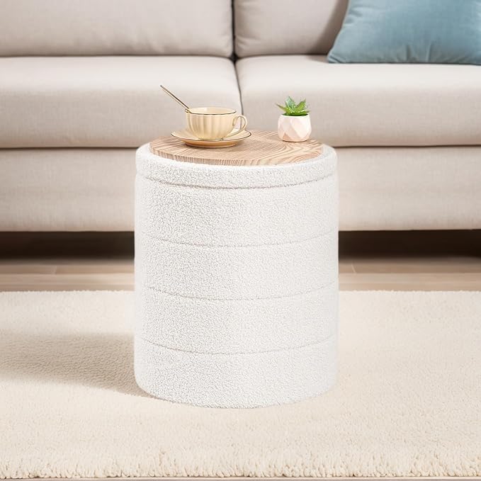 Round Boucle Storage Ottoman, Sherpa Teddy Fabric Ottoman Footstool with Reversible Tray Lid, Folding Footrest with Storage for Living Room, Bedroom, Dorm, White, 14.6" x 14.6" x 17.7"