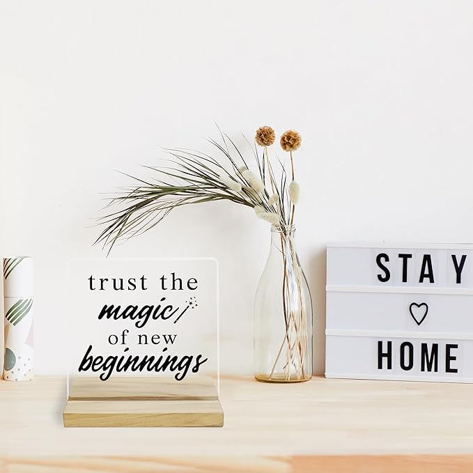 New Beginnings Desk Decor Sign, Inspirational Acrylic Plaque Gifts for Women, Friends, Coworkers