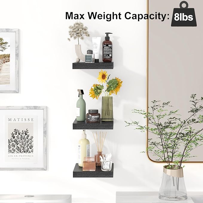 Fixwal Floating Shelves for Wall, 8 Inch Small Black Shelves Wall Mounted Shelf for Bathroom, Living Room, Bedroom, Kitchen Decor (Set of 3, 8x8)