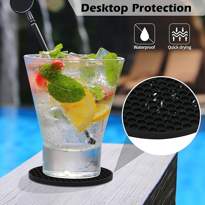TWTLi Silicone Coasters Set of 8 with Holder,Coasters for Drinks,Beer,Coffee Coasters,Suitable for Kinds Cups,Hot or Cold,Anti-SLI,Non-Stick,Anti-Overflow Tabletop Protection and Decor (8 Pcs, Black)