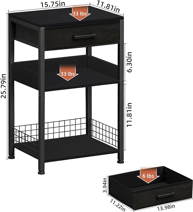 Lerliuo Pure Black Printer Table with Fabric Drawer,3 Tier Industrial Wood Printer Stand with Storage Shelf,Modern Tall End Table,Nightstand,Bed Side Tables for Scanner Fax Home Office Small Spaces