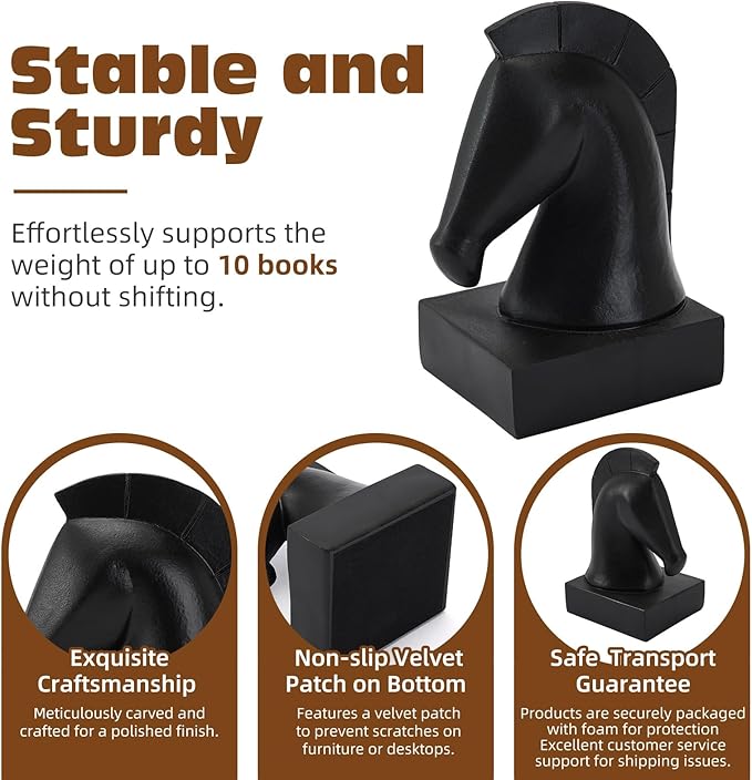 Black Horse Head Decorative Bookends - Heavy Duty Non-Slip Book Stoppers, Horse Statue Book Ends for Shelves, Modern Equestrian Ornaments for Home Farmhouse Shelves Office Lover Gift