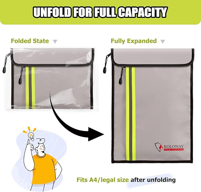ROLOWAY Fireproof Document Bag (15 x 11 inch) with 2 Pockets, Fire Safe Envelope Bag for Cash, Legal Documents (Silver)