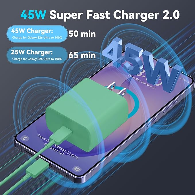 45W Super Fast Charger USB C Android Phone Type C Charger Fast Charging Block with 6.6FT Cord for Samsung Galaxy S26/S26 Ultra/S26+/S25 Ultra/S25/S24 Ultra/S24/S23 Ultra/S22/S21/S20/Note 10, Green