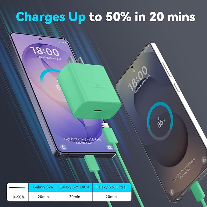45W Super Fast Charger USB C Android Phone Type C Charger Fast Charging Block with 6.6FT Cord for Samsung Galaxy S26/S26 Ultra/S26+/S25 Ultra/S25/S24 Ultra/S24/S23 Ultra/S22/S21/S20/Note 10, Green