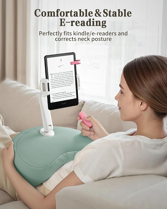 SAIJI Tablet Pillow Stand for Bed – iPad & Kindle Holder with Flexible Dual Axis Arm & Microbead Cushion, 360° Adjustable Lap Beanbag Phone Holder Fits Devices with 4.7"–15.6" Screens (Cyan)