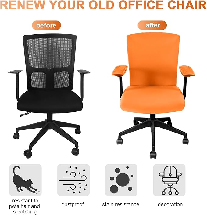 Tallew 4 Pcs Office Chair Covers Set Computer Universal Protective Stretchable Chair Seat Covers Desk Armrest Cover Pads Office Cushion Backrest for Rotating(Regular,Orange)