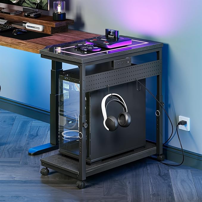 CHOEZON 31.5" Large Computer Tower Stand with Power Outlet, Under-Desk PC Cart with 2 Hooks, PC Stand with LED, Height Adjustable PC Tower Holder on Wheels, for Living Room, Office, Black TCJ51UDBB