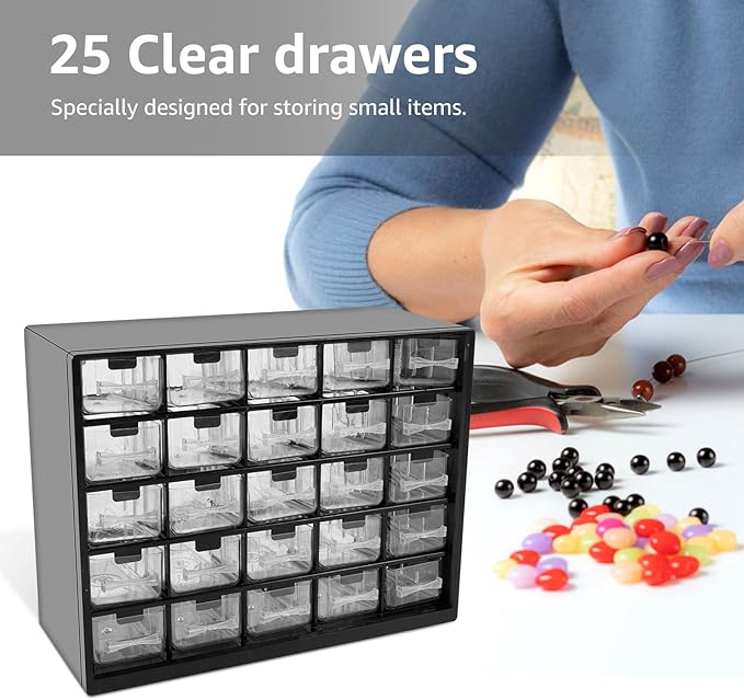 25 Drawers Stackable Storage Cabinet with 50 Removable Dividers, Clear Small Parts Organizer for Hardware, Crafts & Beads, Desktop Drawer Unit for Office Supplies & Teacher Toolbox, 11.5×8.9×4.8 In