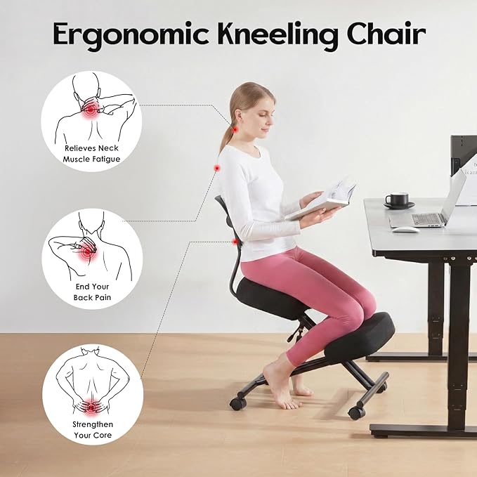 Kneeling Chairs with Backrest Linen Ergonomic Home Office Chair Adjustable Height Seat Rolling Wheels Comfort Thick Cushion Work Stool Improve Posture Chair