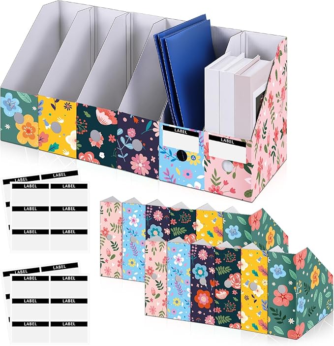 PerKoop 12 Pcs Decorative Magazine File Holders Floral Foldable File Folders Magazine Storage Boxes Rack Desk Organizer Documents with Printable Labels for School Office Home (Flower Design)