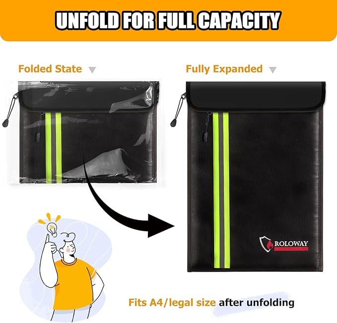ROLOWAY Fireproof Document Bag (15.5 x 11.5 inch) with 2 Pockets and 5200℉ Aluminum Foil Layer, Fireproof Bag for Document Safe (Black)