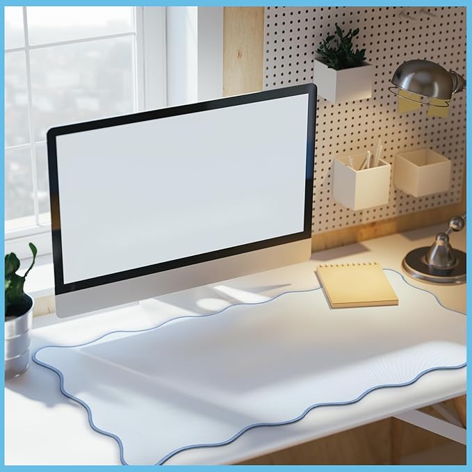 Hahafelt Scalloped Desk Mat Large Scalloped Piping Cute Desk Mat Aesthetic Preppy Table Pad Large Nonslip Pad with Edge Stitching Waterproof Gaming(Blue,36 x 17 Inches)