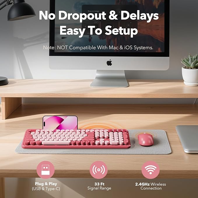 Wireless Keyboard and Mouse Combo, Cute Full-Size Typewriter-Style Keyboard, Retro Round Keycaps, Phone/Tablet Holder, 3-Level DPI Mouse, 2.4GHz Cordless for Mac Windows PC Laptop, Trueque CK13, Rose