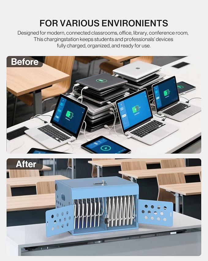 16-Device Charging Station for Laptops & Tablets, Wall-Mount Metal Charging Cabinet for Chromebooks, iPads – Lockable Charging Cart with Cable Management & Power Organization for Schools & Offices